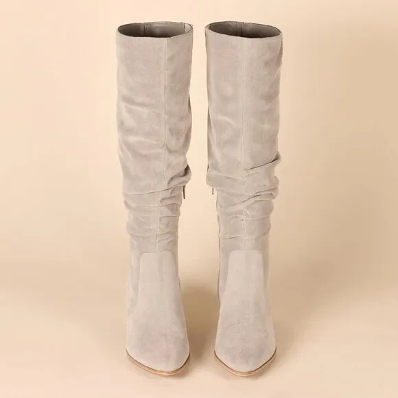 ✨ Amazon Essentials Heel Boots Women Cream Tall Block Stacked Faux Leather Boots