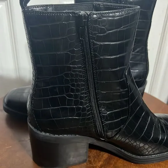 🔥🔥 Bleecker &amp; Bond Leather Croc Square Toe Boots - Women Sz 11M - Worn Once!!!