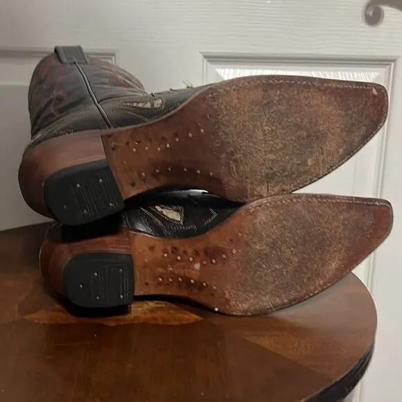 🔥🔥 CORRAL Brown Leather Inlay Overlay Cowboy Boots Womens Sz 9.5M Snip Toe EUC
