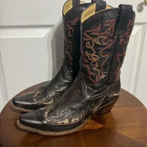 🔥🔥 CORRAL Brown Leather Inlay Overlay Cowboy Boots Womens Sz 9.5M Snip Toe EUC