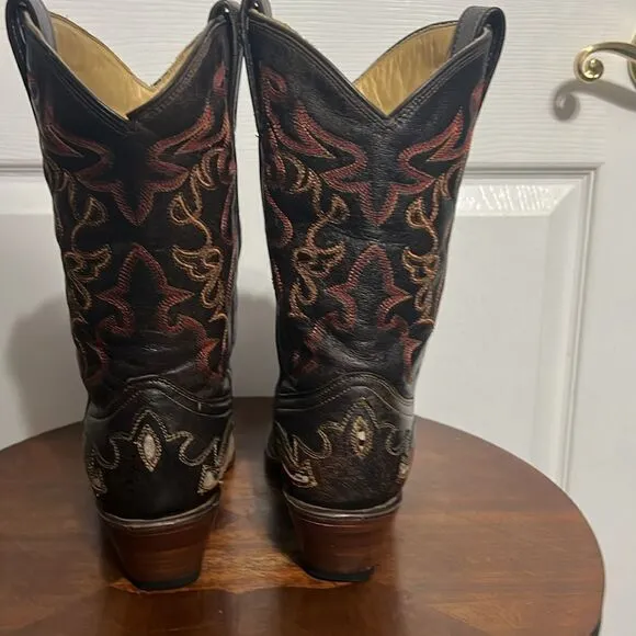 🔥🔥 CORRAL Brown Leather Inlay Overlay Cowboy Boots Womens Sz 9.5M Snip Toe EUC