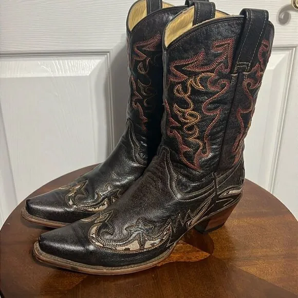 🔥🔥 CORRAL Brown Leather Inlay Overlay Cowboy Boots Womens Sz 9.5M Snip Toe EUC