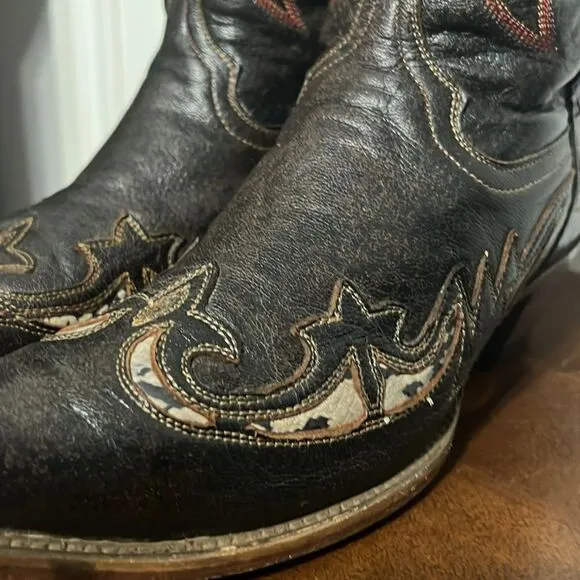 🔥🔥 CORRAL Brown Leather Inlay Overlay Cowboy Boots Womens Sz 9.5M Snip Toe EUC