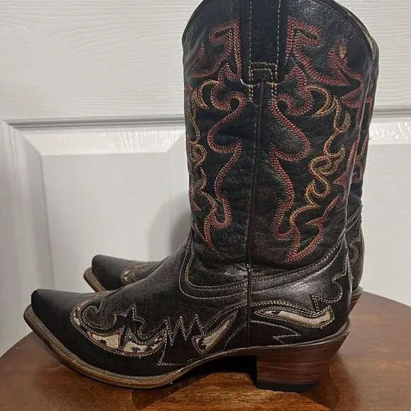 🔥🔥 CORRAL Brown Leather Inlay Overlay Cowboy Boots Womens Sz 9.5M Snip Toe EUC