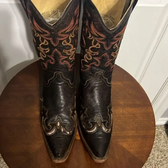 🔥🔥 CORRAL Brown Leather Inlay Overlay Cowboy Boots Womens Sz 9.5M Snip Toe EUC