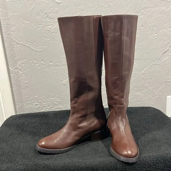 🔥 Donald J Pliner Buriel Brown Leather Knee High Riding Low Heels Boots Sz 6.5M