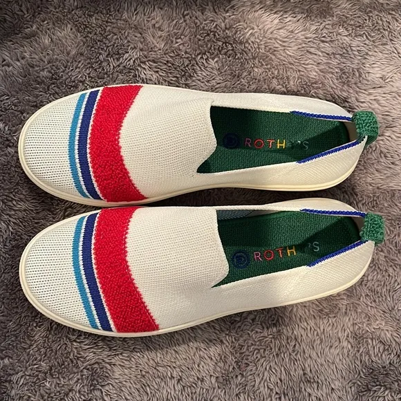 🆕 Rothy’s Kids White Terry Stripe Slip-On Sneakers Size 3 *Retired Color/Design