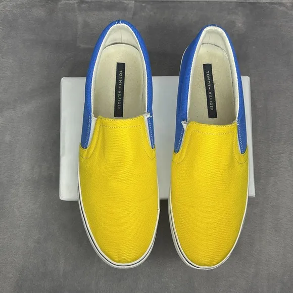 🔥🔥🔥 TOMMY HILFIGER Slip On Sneakers Color Block Yellow and Blue Size: 10M🔥🔥🔥