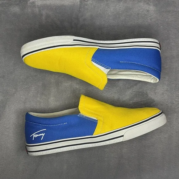 🔥🔥🔥 TOMMY HILFIGER Slip On Sneakers Color Block Yellow and Blue Size: 10M🔥🔥🔥