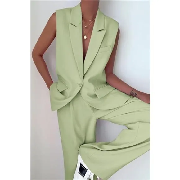 2 Piece Outfits Sleeveless Suit Vest and Wide Leg Pants Blazer Sets For Women