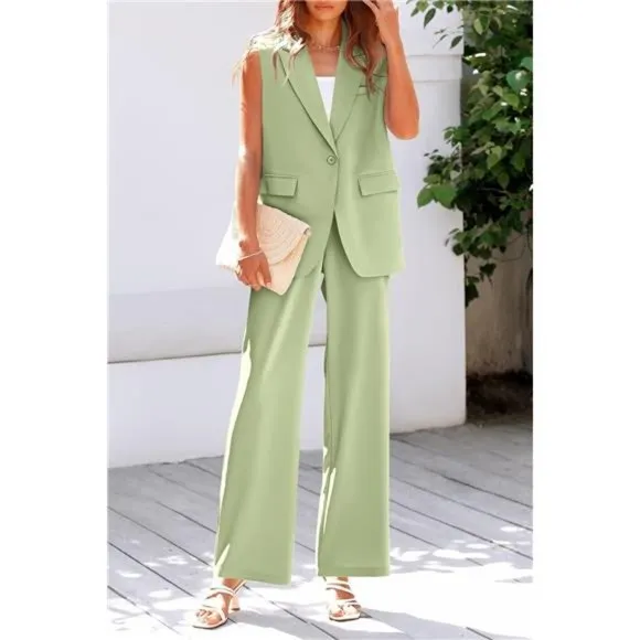 2 Piece Outfits Sleeveless Suit Vest and Wide Leg Pants Blazer Sets For Women