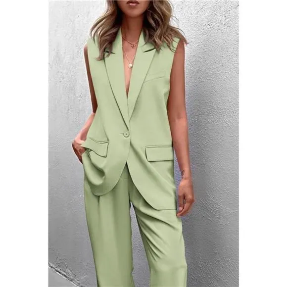 2 Piece Outfits Sleeveless Suit Vest and Wide Leg Pants Blazer Sets For Women