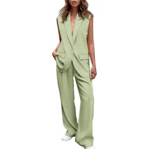 2 Piece Outfits Sleeveless Suit Vest and Wide Leg Pants Blazer Sets For Women