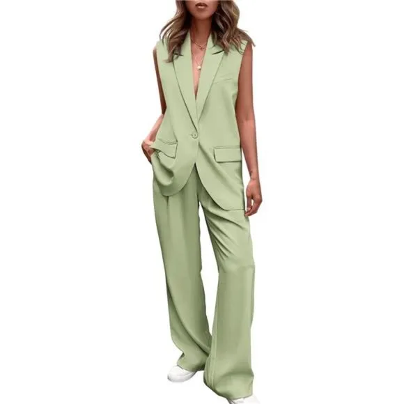 2 Piece Outfits Sleeveless Suit Vest and Wide Leg Pants Blazer Sets For Women