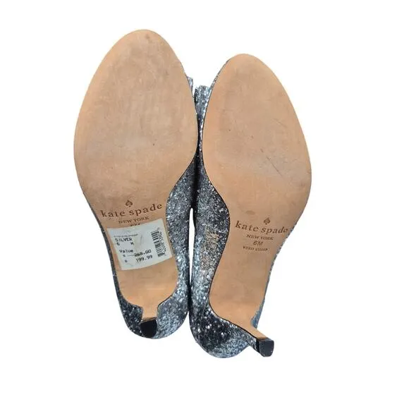 $298 Kate Spade NY Silver Glitter Krysta Pumps Shoes Heel 3” Bow 6M Worn Once