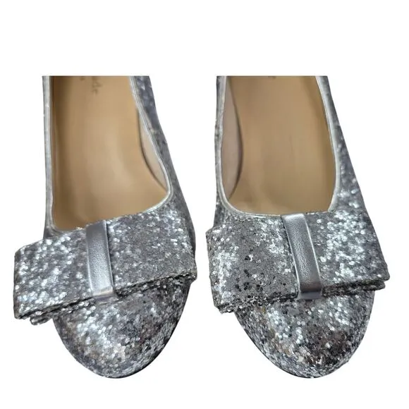 $298 Kate Spade NY Silver Glitter Krysta Pumps Shoes Heel 3” Bow 6M Worn Once