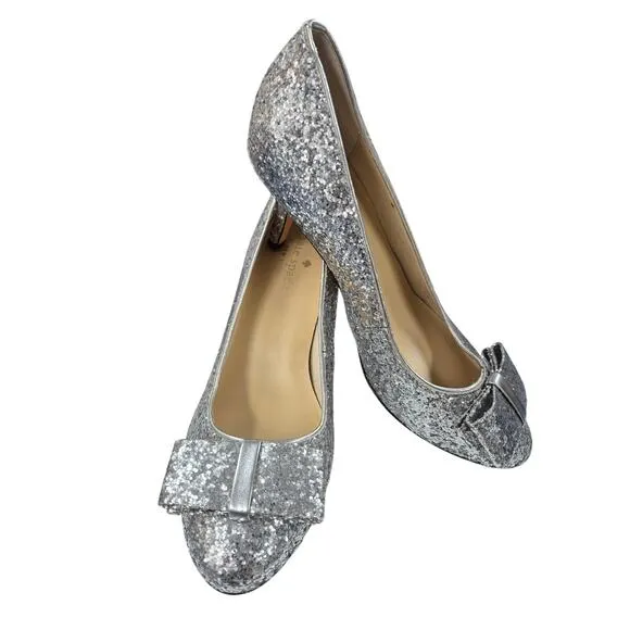 $298 Kate Spade NY Silver Glitter Krysta Pumps Shoes Heel 3” Bow 6M Worn Once