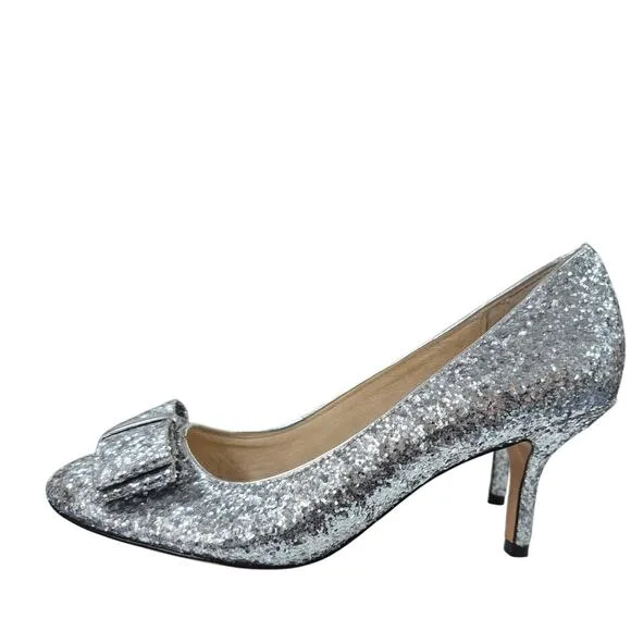 $298 Kate Spade NY Silver Glitter Krysta Pumps Shoes Heel 3” Bow 6M Worn Once