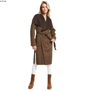 $425 Michael Kors Women's Brown Wool Blend Logo Jacquard Wrap Coat Size M