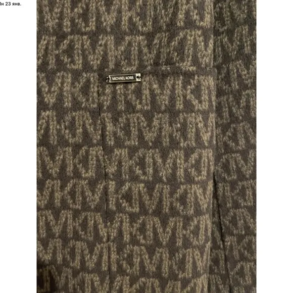 $425 Michael Kors Women's Brown Wool Blend Logo Jacquard Wrap Coat Size M