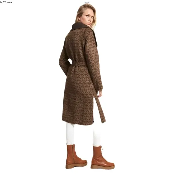 $425 Michael Kors Women's Brown Wool Blend Logo Jacquard Wrap Coat Size M