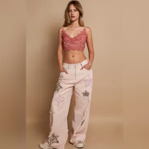 #528 POL Twill Wide Leg Pants with Star Patch Detail