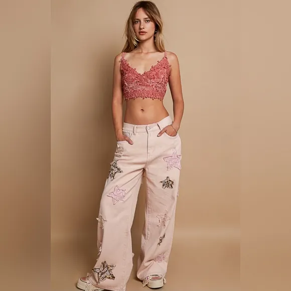 #528 POL Twill Wide Leg Pants with Star Patch Detail