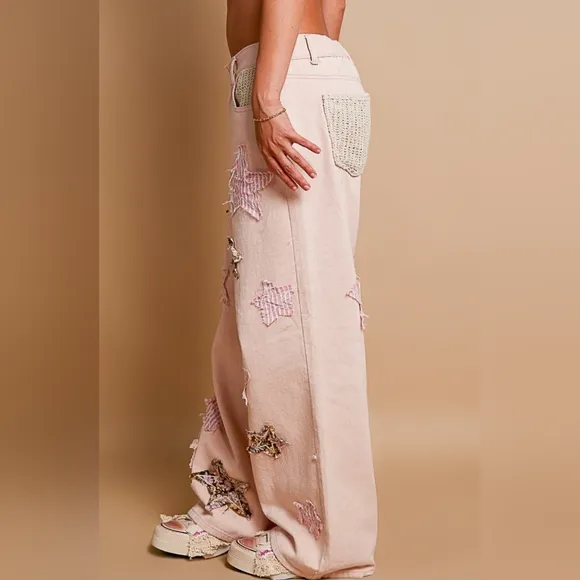 #528 POL Twill Wide Leg Pants with Star Patch Detail