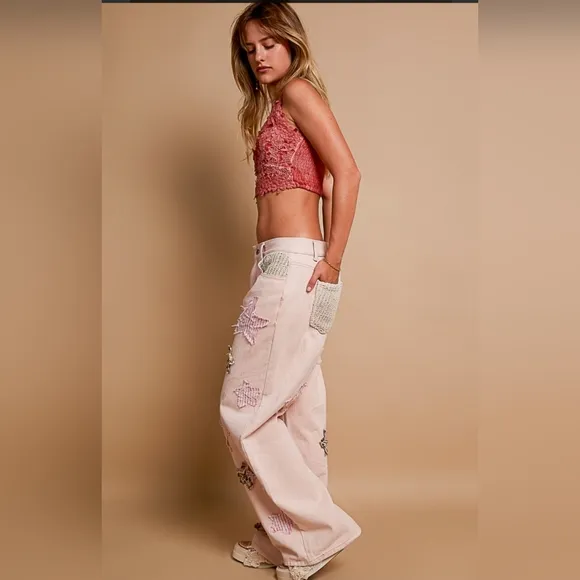 #528 POL Twill Wide Leg Pants with Star Patch Detail