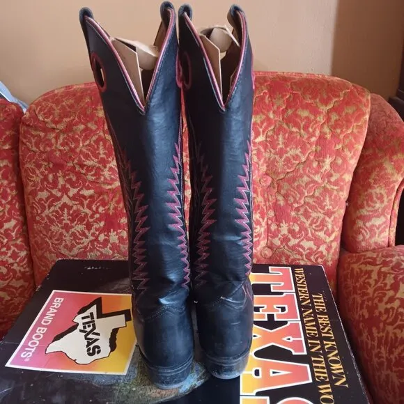 6.5 D Vintage Black Leather Cowboy Cowgirl Boots Texas Brand 1980's IN BOX 8900