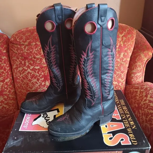 6.5 D Vintage Black Leather Cowboy Cowgirl Boots Texas Brand 1980's IN BOX 8900