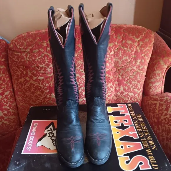 6.5 D Vintage Black Leather Cowboy Cowgirl Boots Texas Brand 1980's IN BOX 8900