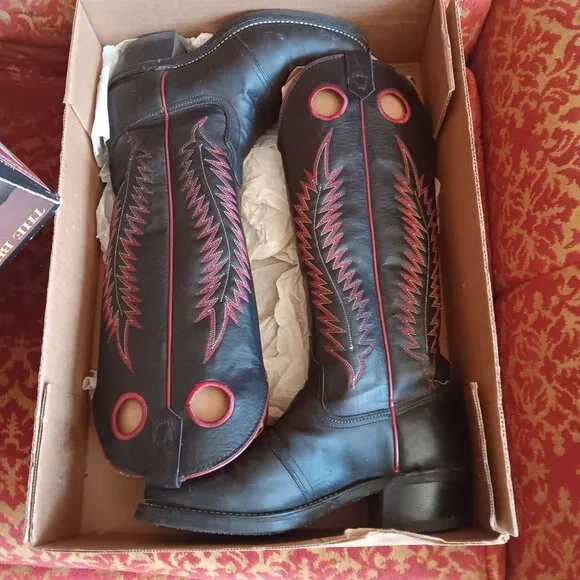 6.5 D Vintage Black Leather Cowboy Cowgirl Boots Texas Brand 1980's IN BOX 8900