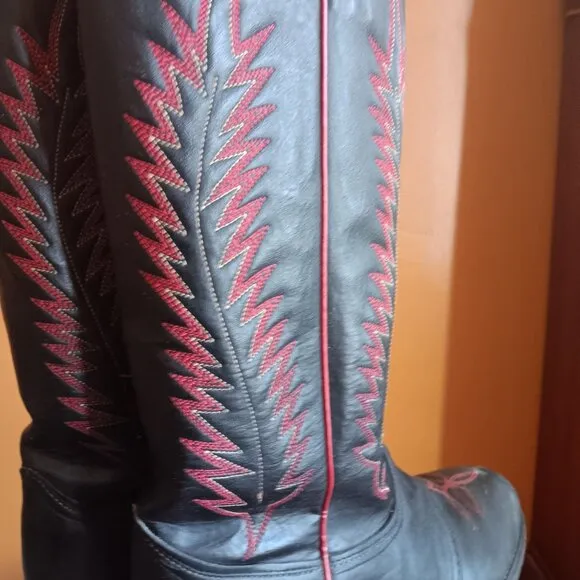 6.5 D Vintage Black Leather Cowboy Cowgirl Boots Texas Brand 1980's IN BOX 8900