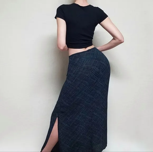 90s Vintage Merona Electric Blue Black Crosshatch Chiffon Side Slit Maxi Skirt