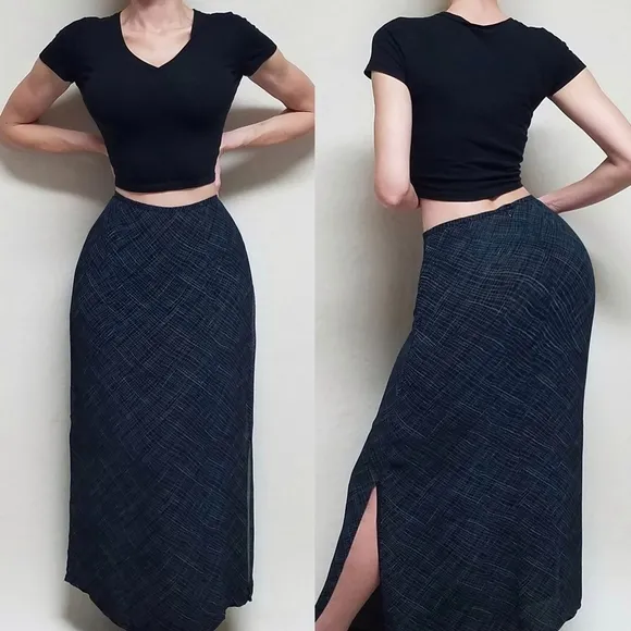 90s Vintage Merona Electric Blue Black Crosshatch Chiffon Side Slit Maxi Skirt
