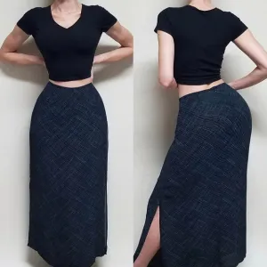 90s Vintage Merona Electric Blue Black Crosshatch Chiffon Side Slit Maxi Skirt