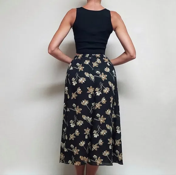 90s Vintage Semi-sheer Black Tan Forget-Me-Not Paneled Flared Midi Skirt 12