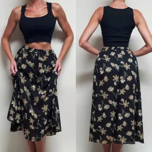 90s Vintage Semi-sheer Black Tan Forget-Me-Not Paneled Flared Midi Skirt 12