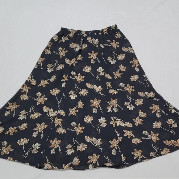 90s Vintage Semi-sheer Black Tan Forget-Me-Not Paneled Flared Midi Skirt 12