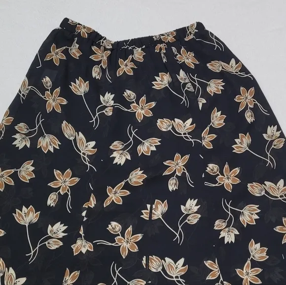 90s Vintage Semi-sheer Black Tan Forget-Me-Not Paneled Flared Midi Skirt 12