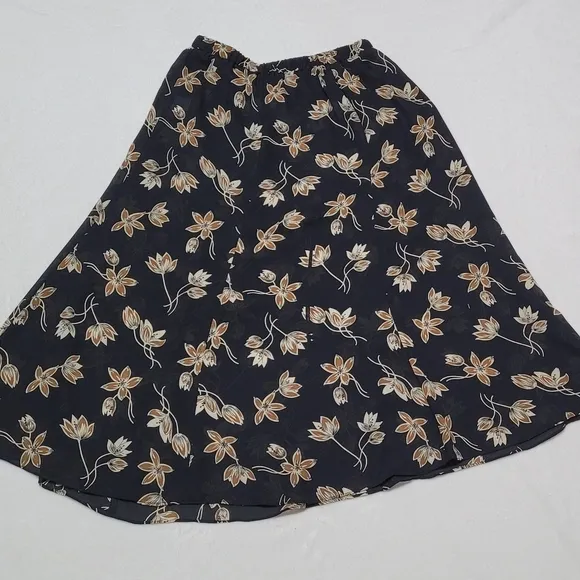 90s Vintage Semi-sheer Black Tan Forget-Me-Not Paneled Flared Midi Skirt 12
