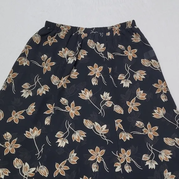 90s Vintage Semi-sheer Black Tan Forget-Me-Not Paneled Flared Midi Skirt 12