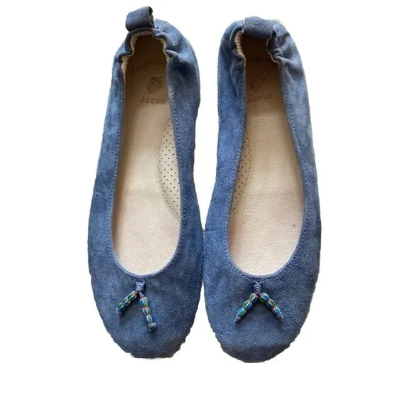 Acorn Slippers House Shoes W9 Blue Suede Leather Beaded Tassel 9