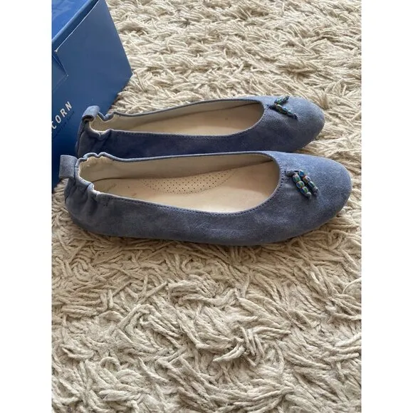 Acorn Slippers House Shoes W9 Blue Suede Leather Beaded Tassel 9