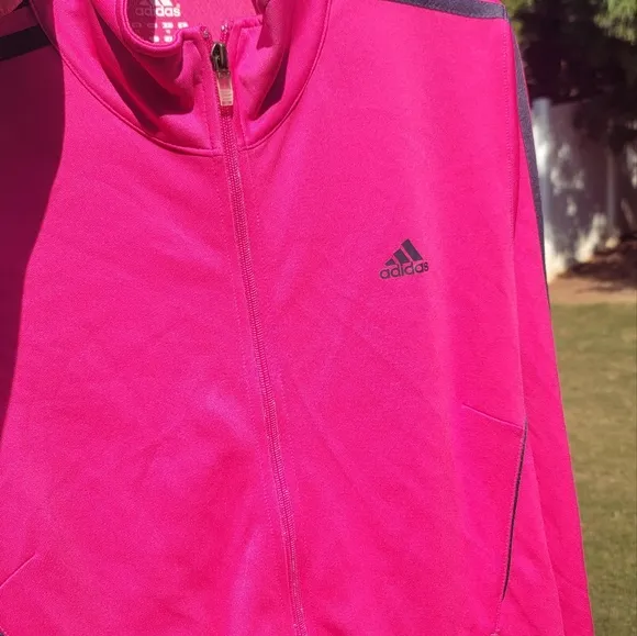Adidas Hot Neon Bright Pink Black Athletic Long Sleeve Jacket Coat Size L