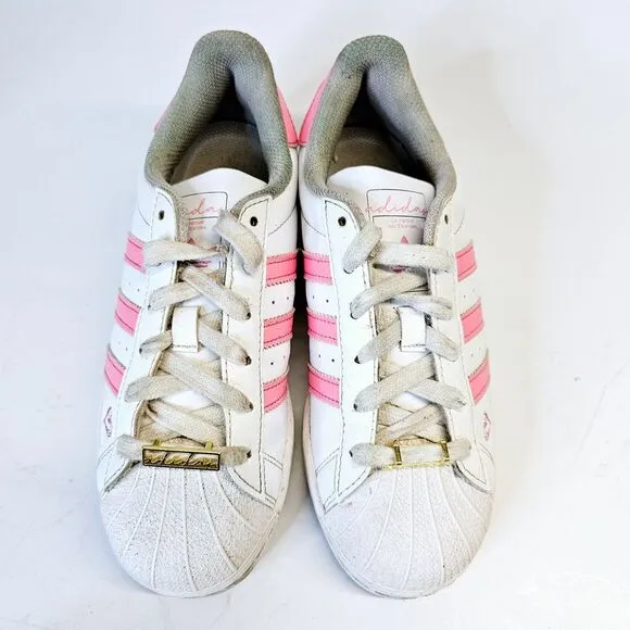 Adidas Superstar White Pink‎ Heart Detail Sneakers Athletic Shoes Girls 4 School