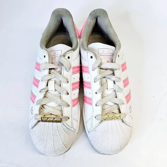 Adidas Superstar White Pink‎ Heart Detail Sneakers Athletic Shoes Girls 4 School