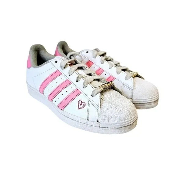 Adidas Superstar White Pink‎ Heart Detail Sneakers Athletic Shoes Girls 4 School