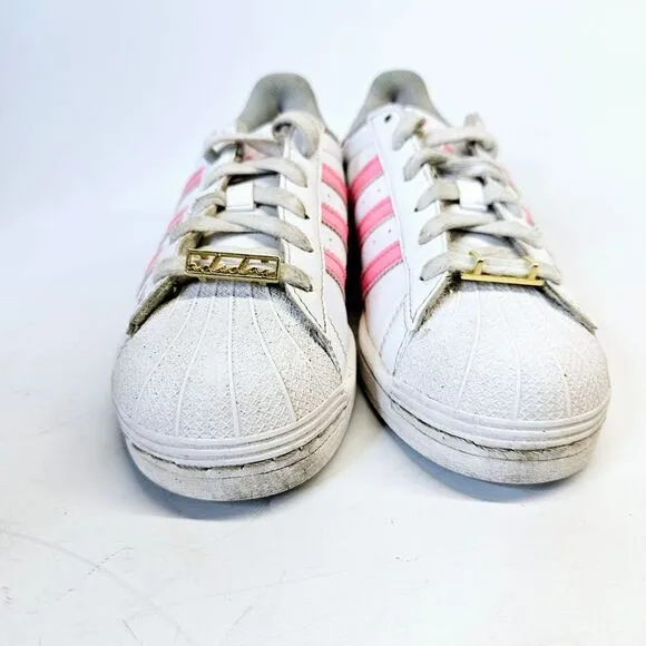 Adidas Superstar White Pink‎ Heart Detail Sneakers Athletic Shoes Girls 4 School